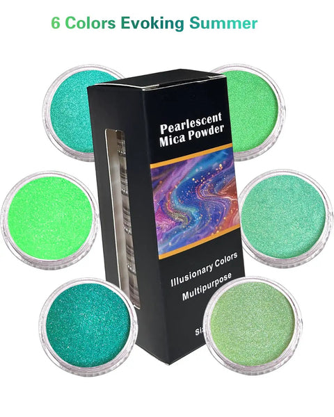 Dope Mica Powder Set Six Vivid Tones For Epoxy Resin Soap Making Nail Art And Candle Pouring Portable Pigment Palettes showing vibrant greens inside containers.