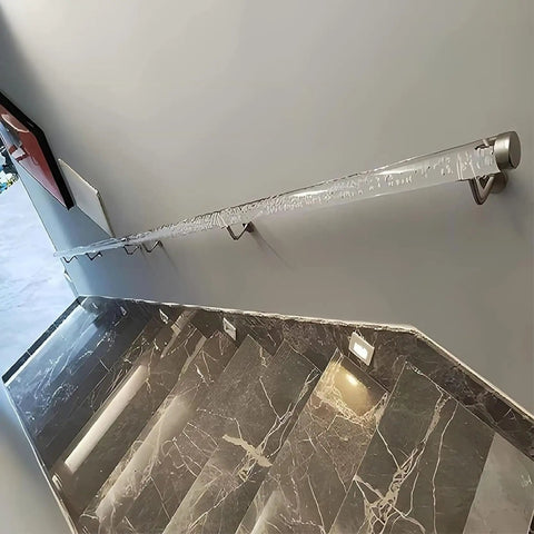 Dang Solid Clear Acrylic Handrail Kit For Indoor Stairs And Porch With Heavy Duty Stainless Brackets And Non Slip Grip view from above on stairs.