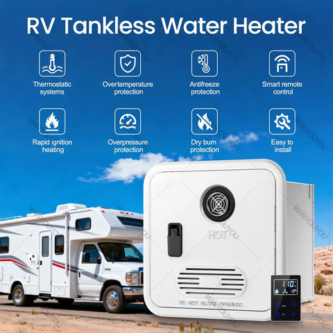 RV Tankless Water Heater For Camper Van And RV Road Warrior Ready No Chill Hot Showers Portable 55000 Btu high output features.