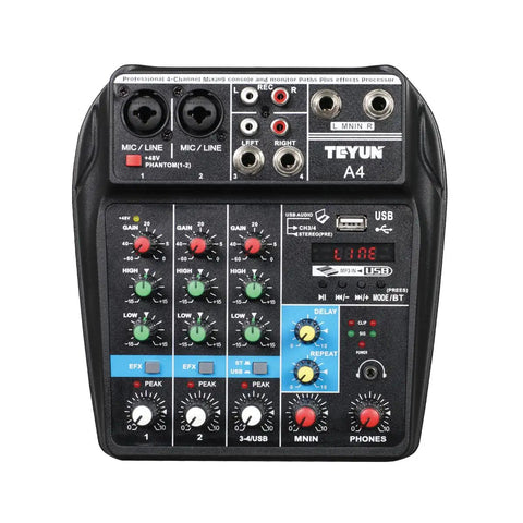 Top view of Four Channel Portable Mixer With Four XLR And TRS Mic Line Inputs And Two RCA Stereo Inputs Featuring 24 DSP Effects.