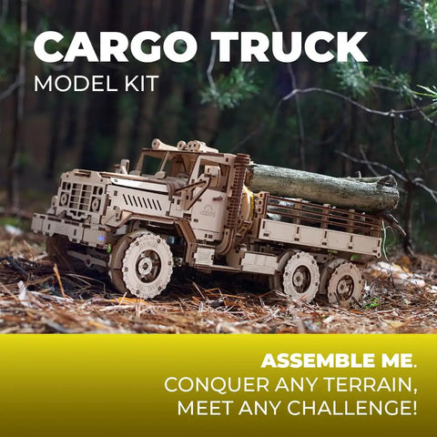 Cargo Truck 3D Puzzle Kit For Adults With Spring Powered Mechanics, Realistic Wooden Model Truck Build Featuring Three Axles And Differentials, Brain Teaser Hobby Set For Makers And Auto Enthusiasts wooden cargo truck model on forest ground