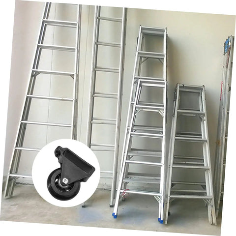 Retractable Caster Wheels For Heavy Duty Telescopic Ladders Machined From Solid Aluminum Alloy shown with multiple ladders.