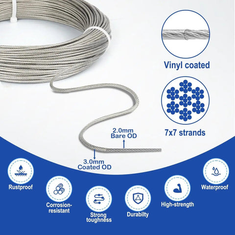 One Eighth Inch Wire Rope Kit With 100 Ft Vinyl Coated Stainless Cable, 7x7 Strand Detail, Rustproof, Corrosion-resistant Features