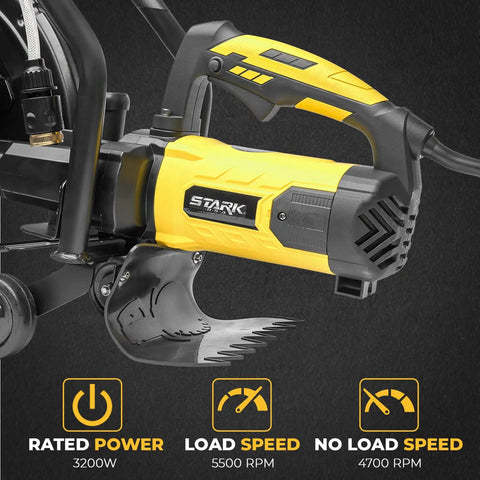 Close-up of a yellow Powerful 3200W Electric 16 Inch Circular Saw For Concrete Wet And Dry Cutting with handle design.