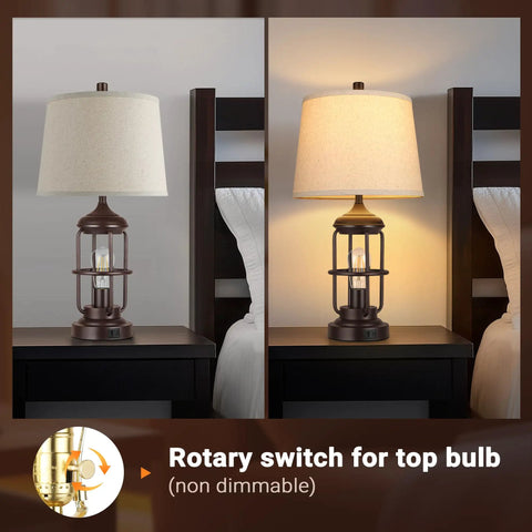 23 Inch Rustic Industrial Table Lamps Set Of 2 With USB A And C Ports Farmhouse Bedside Lights on bedside table