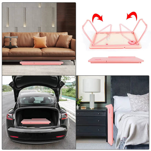 Candy Pink Multiuse Bed Lap Desk With Tilted Angles For Laptops Foldable Portable Bed Table For Writing Reading Or Couch Work Cozy Comfy And Adjustable Tilt Height stored and in use settings