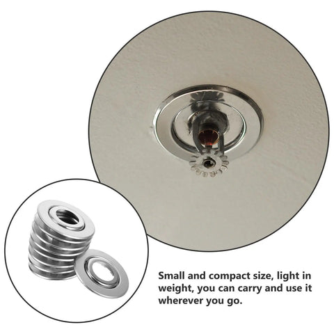 30 Pcs Stainless Steel Fire Sprinkler Cover Plates With Slick Silver Dual Disc Design For Stress Free Installations That Mask Unsightly Patch Marks And Stay Built Tough On Job Sites Or Home Ceilings, showing a close-up of the silver sprinkler cover plate installed.