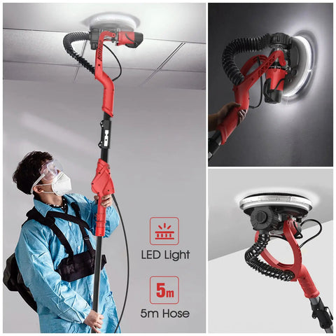 Man using Beast 750W Drywall Sander With Vacuum And LED Light Six Variable Speeds 1000 To 1850 RPM for ceiling refinishing