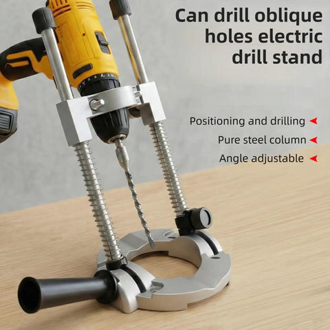 Portable Drill Guide With 90 Degree Adjustable Drill Press Attachment for angled and straight holes on a wooden surface.