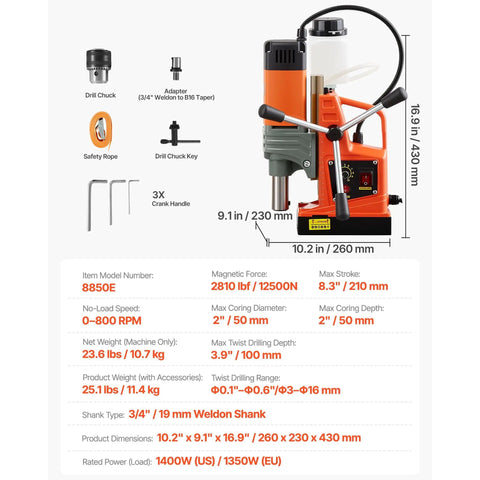 Job Site Ready 1400W Magnetic Drill Press With Two Inch Boring Range And Smooth Variable Zero Through Eight Hundred Rpm Control Paired With Rock Solid Hold Base Plus Weldon Shank For Steel Tasks showing specs and dimensions.