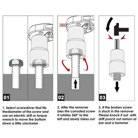 Super Tough Chrome Moly Lug Nut Remover And Bolt Extractor Set tutorial showing 3-step process for removing stripped nuts and bolts.