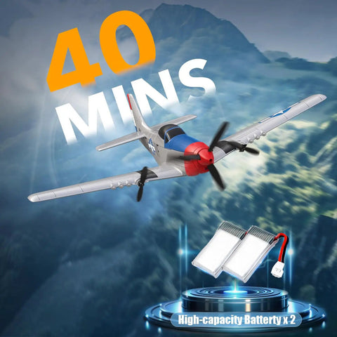 P 51D Mustang RC Plane For Beginners With 3 Channel Remote Control flying over mountains, includes two high-capacity batteries.