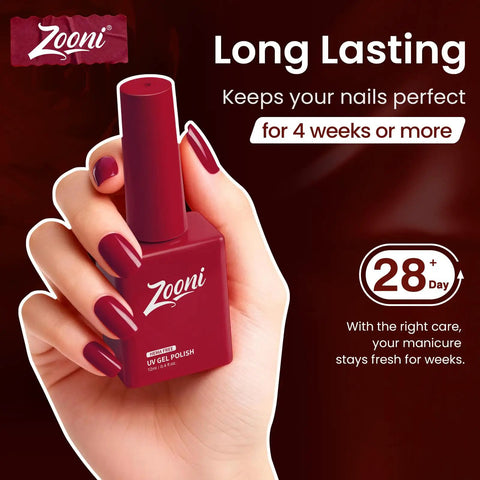 Hand holding red Hema-free UV LED nail polish bottle from 8 Piece Gel Nail Polish Set With Base Coat And Top Coat 6 Color Gel Polishes Hema Free UV LED Nail Kit For At Home Manicure DIY Nails Perfect Gift Great For Spa Nights And Parties