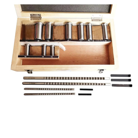 Pro Grade Keyway Broach Kit 18 Piece HSS Metric Set With 4mm 5mm 6mm 8mm Broaches shown in wooden box with bushings