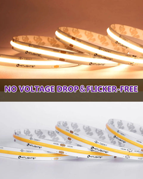 COB LED Strip Light 16.4 ft Warm White 2700K High Density 24V Tape Light coiled with glowing and non-glowing sections