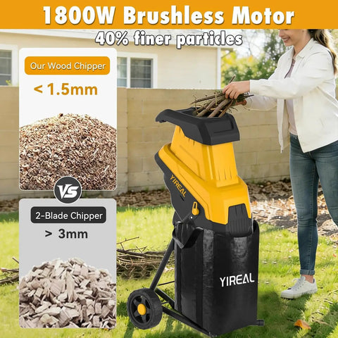 Person using Upgraded Three-Blade Electric Wood Chipper Shredder With 15 Amp Motor Handles Branches Up To 1.8 Inches Thick Like A Pro
