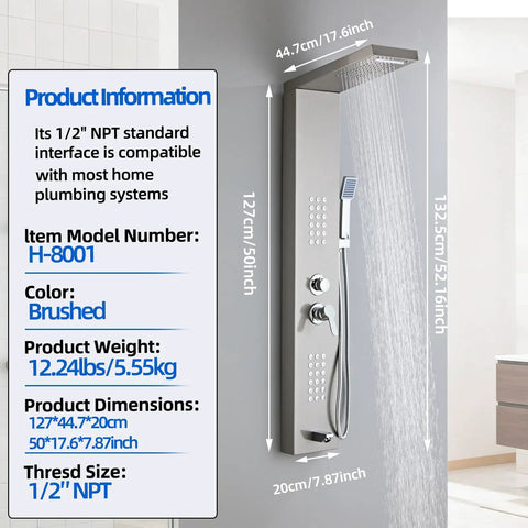 5 In 1 Shower Panel Tower With Powerful Rainfall Head And Body Massage Jet Plus Tub Spout And Handheld Sprayer Crafted From Brushed Gray 304 Stainless Steel image showcasing dimensions and water flow.