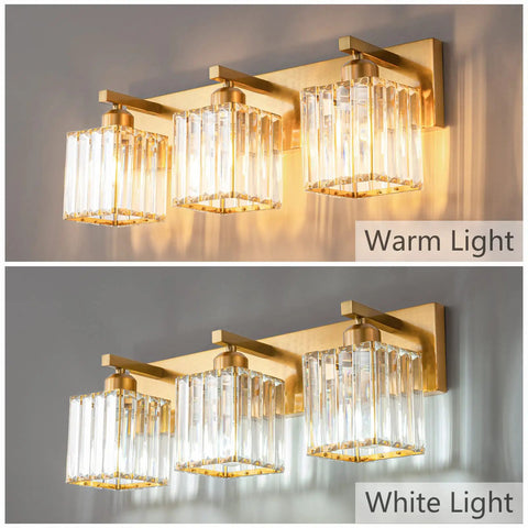 Three Light Gold Crystal Bathroom Vanity Light With Brushed Gold Finish Clear K9 Crystal Shades Modern Minimalist Wall Fixtures For Vanity Mirror Moisture Resistant And Durable Luxury Spa Vibe Lighting, showcasing warm and white light options