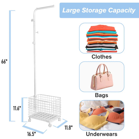 Smooth Rolling Garment Rack With Heavy Duty Hooks And Metal Basket, Versatile Freestanding Clothes Organizer For Entryway Or Laundry Room, Space Savvy White Hanging Rack That Rolls Around Easy with large storage capacity.