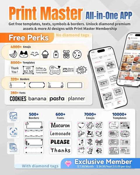 Print Master All-in-One APP features templates, emojis, and fonts, displayed on mobile for easy access and creativity.