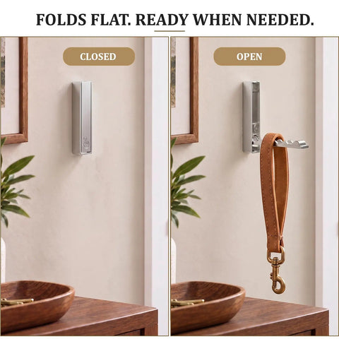 Top Shelf Fold Down Wall Hooks For Heavy Jackets And Keys Set Of Four Brushed Silver Zinc Alloy shown open and closed on wall.