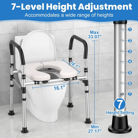 Premium Raised Toilet Seat Featuring Secure Grip Handles For Seniors And Pre And Post Surgery Recovery Built Tough With Anti Slip Base, showing adjustable height settings and measurements.