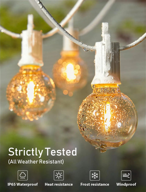Close-up of 29 Feet LED Outdoor String Lights With Shatterproof G40 Edison Bulbs, showing rainfall resistance and outdoor durability.