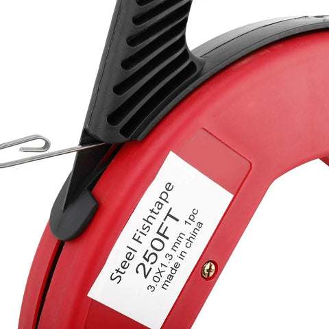Close-up of 250 Ft Electrician Fish Tape Reel With Spring Steel Fishtape label showing red reel and black handle for wire pulling