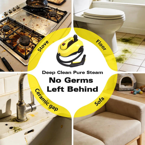 Heavy Duty Steam Cleaner With 52 Oz Large Tank And Incredible High Pressure Capability, shown cleaning stove, floor, and sofa.
