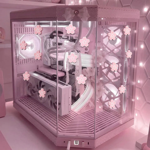 Pink Cherry Blossom PC Case Decor Set Featuring 15 Kawaii Sakura Stickers For Gamer Girls, DIY Gaming Room Accessories