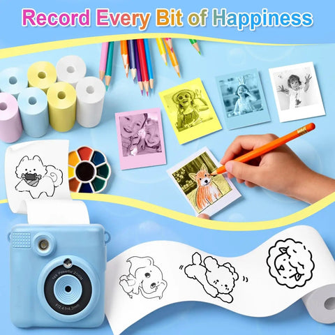 18 Rolls Kids Camera Paper Roll Refill BPA Free Safe Durable Paper For Mini Instant Print Cameras Perfect For Kids Snap And Print Cool Photos With Most Instant Cameras, blue rolls and printed photo examples