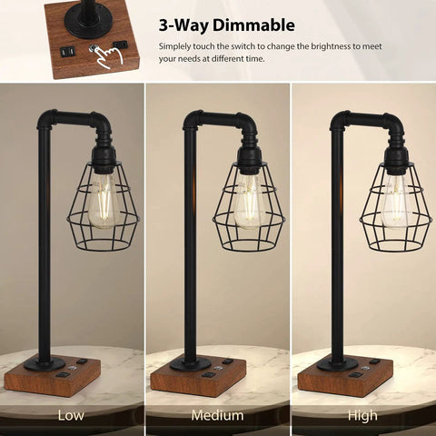 Industrial Style Touch Control Table Lamp With LED Bulb Included, 3 Way Dimmer, 2 USB Ports And AC Outlet in three brightness settings