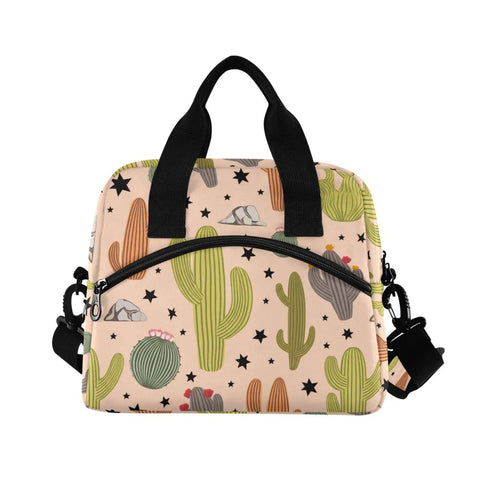 Front view of Desert Cacti Insulated 10L Cooler Bag For Picnic Beach Hiking Camping Work Leakproof Portable Lunch Box With Durable 300D Oxford Fabric And Reinforced Straps, featuring cactus pattern.