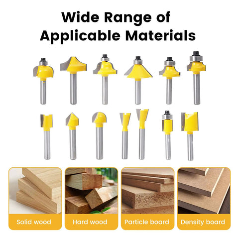 24 Piece Tungsten Carbide Router Bit Set With 1 Quarter Inch Shank visible, suitable for solid, hard, and particle board woodworking.
