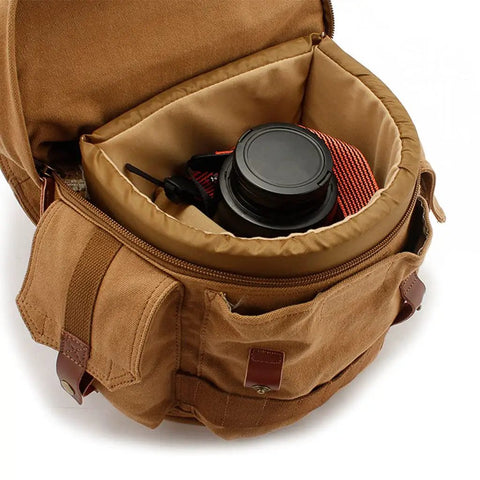 Open view of Large Capacity Waterproof Camera And Video Bag for Travel Shoulder Backpack DSLR Gear with lens inside