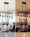 Dining room with Boss Gold Farmhouse Chandelier With Six Lights, Modern Industrial Pendant Lighting, on and off view.