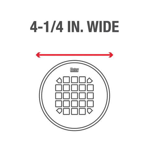 Universal Round Shower Strainer Snap In 4.25 Inch Drain Top Matte Black Finish Keeps Drain Clear And Flowing Freely With Durable Stainless Steel Construction Replacement Strainer To Stop Clogs In The Shower illustration showing 4.25 inch diameter.