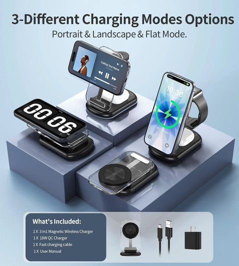 3 In 1 Magnetic Wireless Charging Station With MagSafe Foldable Travel Charger Stand And Night Light for iPhone and Apple devices displayed on blue pedestal
