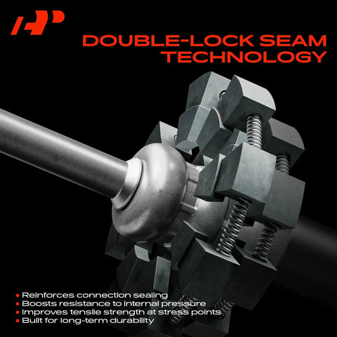 Close-up of Honda Power Steering High Pressure Hose Line Assembly with double-lock seam technology for CR-V 2002-2006.