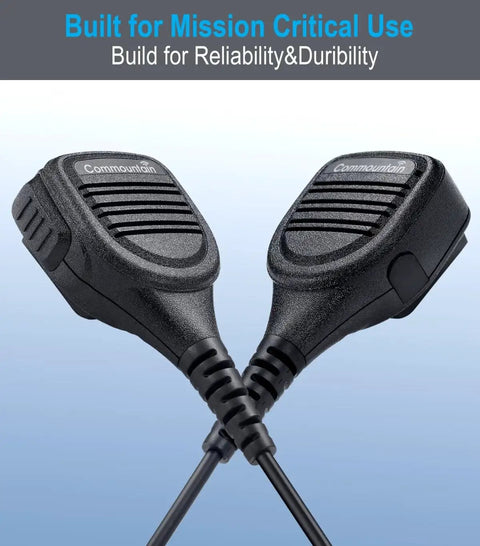 Front view of Durable 2 Pin Shoulder Microphone for Kenwood radios with dual units, emphasizing rugged design and compatibility.