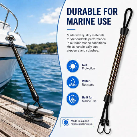 Image showing 2-Pack Bungee Dock Line For Xpress H17 Boat With Elastic Shock-Absorbing Mooring Cord And Stainless Clip Snubber Style Docking Rope on a docked boat.