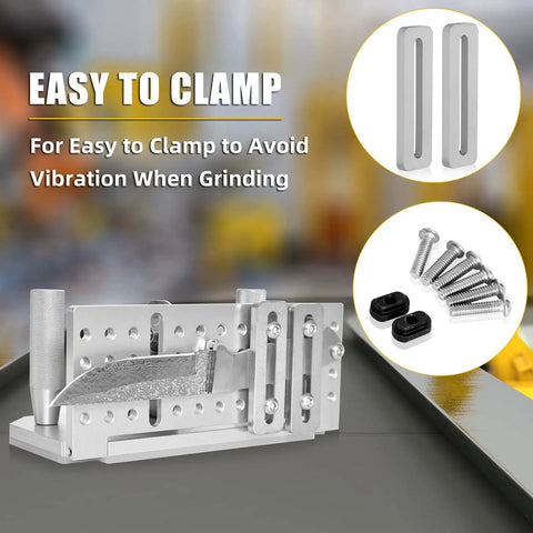 Pro Grade Belt Grinder Knife Jig With Adjustable Angle -5 To 25 Degrees Dual Press Plates Sharpener Guide shown with components