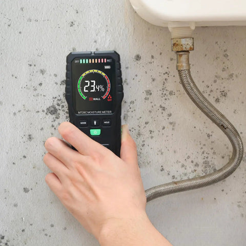 Pinless Moisture Meter For Walls And Wood, Non Destructive Surface Scanner With Fast Accurate Readings On Concrete, Drywall And Lumber, Diy Friendly Tool That Will Not Damage Surfaces, Stable Sensor For Reliable Moisture Levels. Handheld moisture meter reading 23.4% on moldy wall near sink.