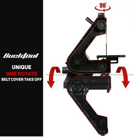 Side view of 1x30 Inch Bench Belt Sander With 5 Inch Disc, highlighting 90-degree belt cover rotation feature