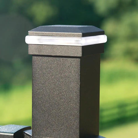 LED Aluminum Post Cap Light For 2.5 Inch Railing Posts With 360 Degree Illumination in Charcoal Black on railing post