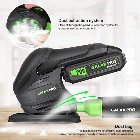 Cordless Detail Sander Kit With 20V Battery And Charger Included, 12000 RPM with dust collection demonstrated on wood surface