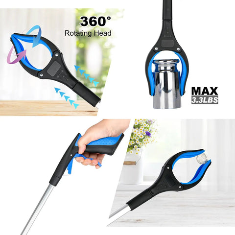 32-Inch Grabber Reacher Tool Set With 360-Degree Rotating Head, Wide 4-Inch Claw, Foldable Grabber For Seniors, Anti-Slip Grip, No Bend Needed For Floor, Trash, Shelves And Car Seats, Blue