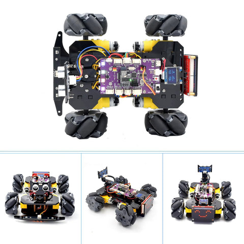Mecanum Wheel Arduino Robot Kit showing electronics, sensors, and independent wheel drive with line tracking and obstacle avoidance features.