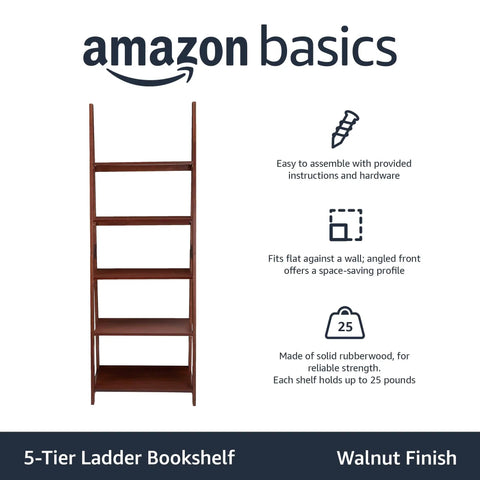 Hella Stylish Five Tier Ladder Bookshelf With Tight Space Saving Build And Smooth Walnut Finish, solid rubberwood construction, facing forward.