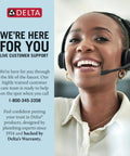 Customer support representative smiling with headset, offering live support for Delta products, including faucets.